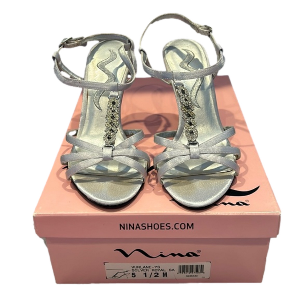 Nina Silver Satin Strappy Open Toe with Sparkly Gems High Heels Size 5.5